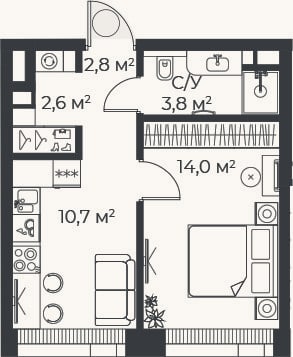 Планировка: 1-к, 33,8 м²