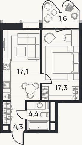 Планировка: 2-к, 43,1 м²