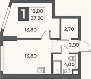 Планировка: 1-к, 37,2 м²
