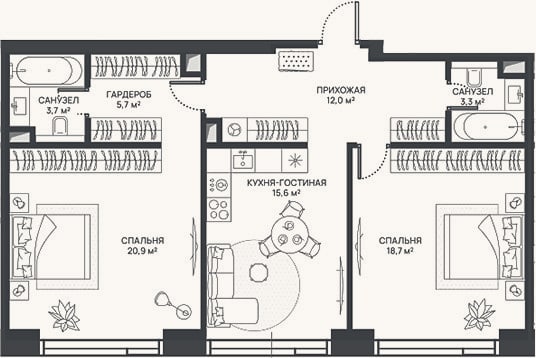 Планировка: 3-к, 79,9 м²