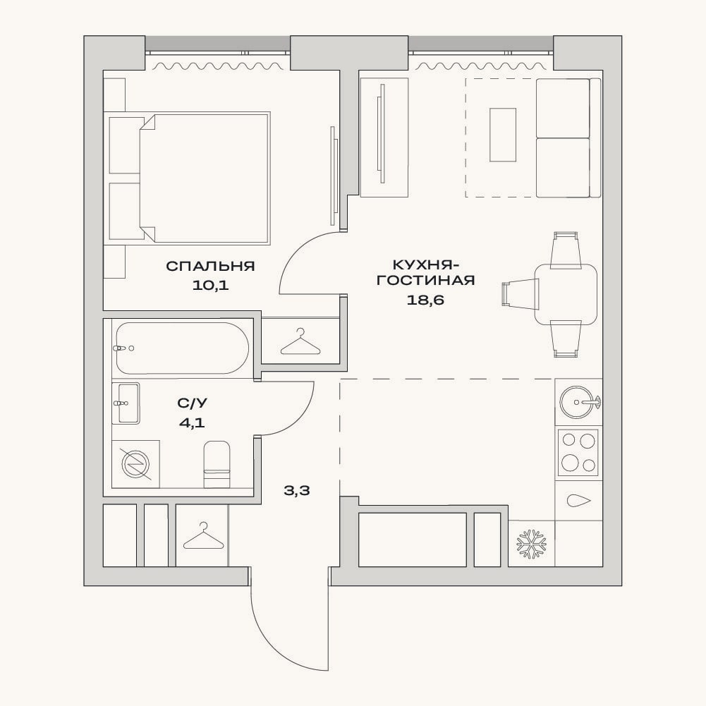 Планировка: 2-к, 36,1 м²