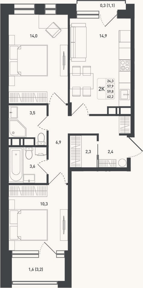 Планировка: 2-к, 61,2 м²