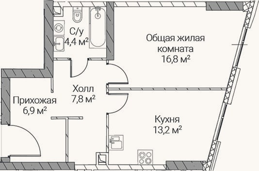 Планировка: 1-к, 49,1 м²