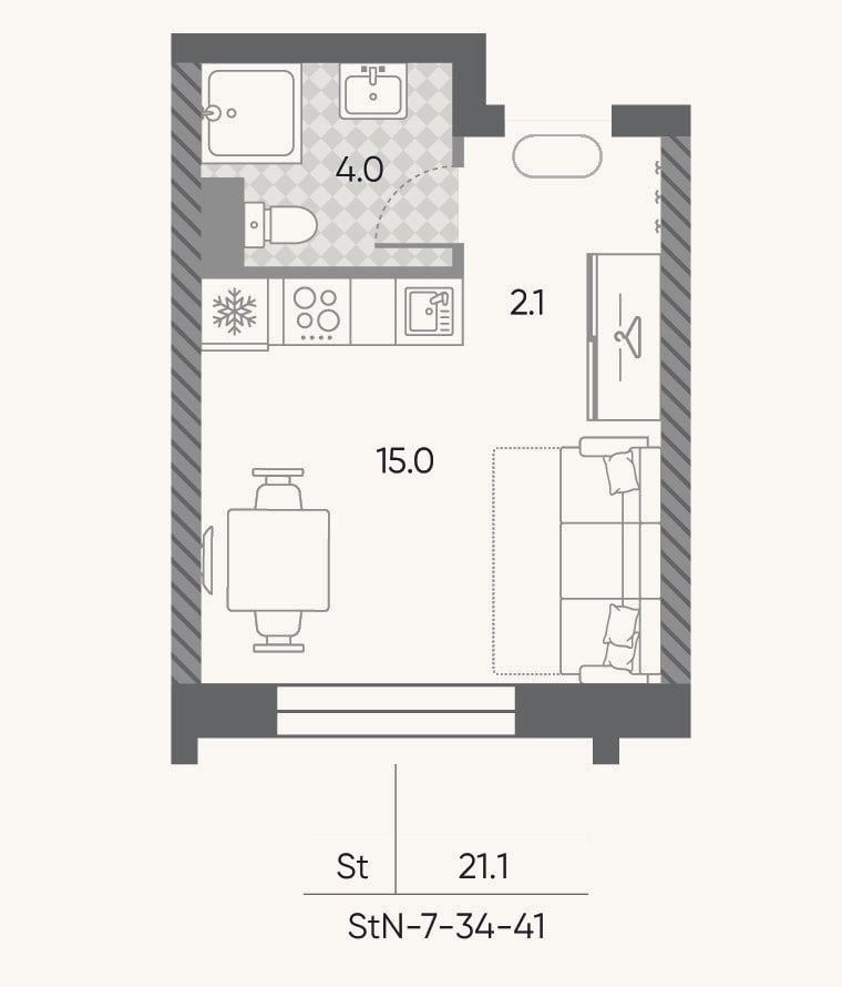 Планировка: Студия, 21,1 м²