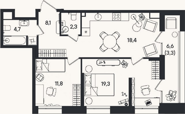 Планировка: 3-к, 64,6 м²