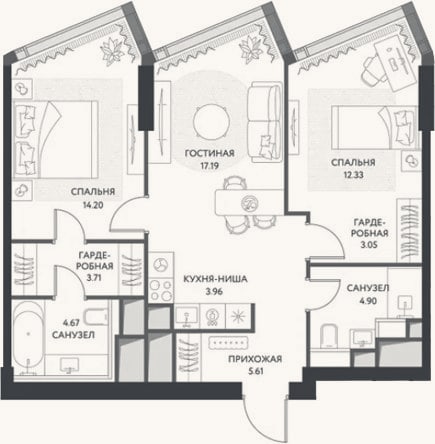 Планировка: 3-к, 68,5 м²