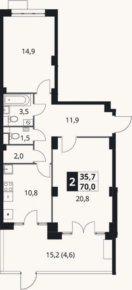 Планировка: 2-к, 65,4 м²