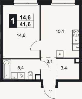 Планировка: 1-к, 41,6 м²