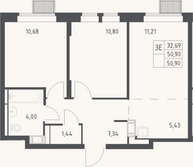 Планировка: 3-к, 50,9 м²