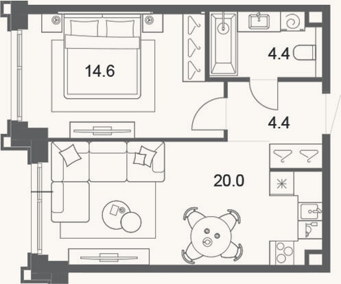 Планировка: 2-к, 43,4 м²