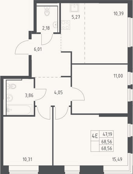 Планировка: 4+ к, 68,6 м²
