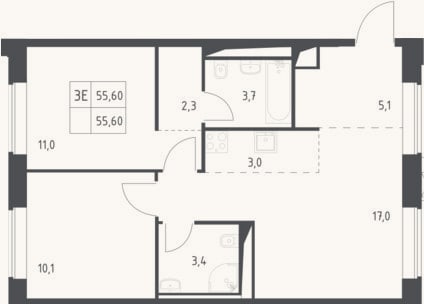 Планировка: 3-к, 55,6 м²