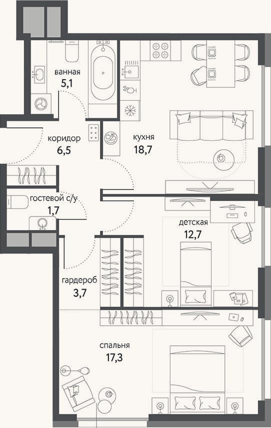 Планировка: 2-к, 65,7 м²