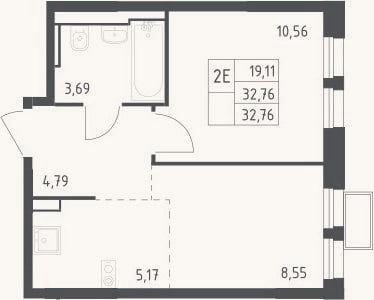 Планировка: 2-к, 32,8 м²