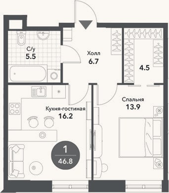 Планировка: 2-к, 46,8 м²