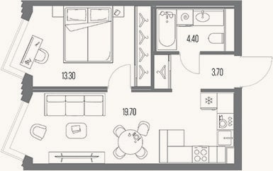 Планировка: 1-к, 41,1 м²