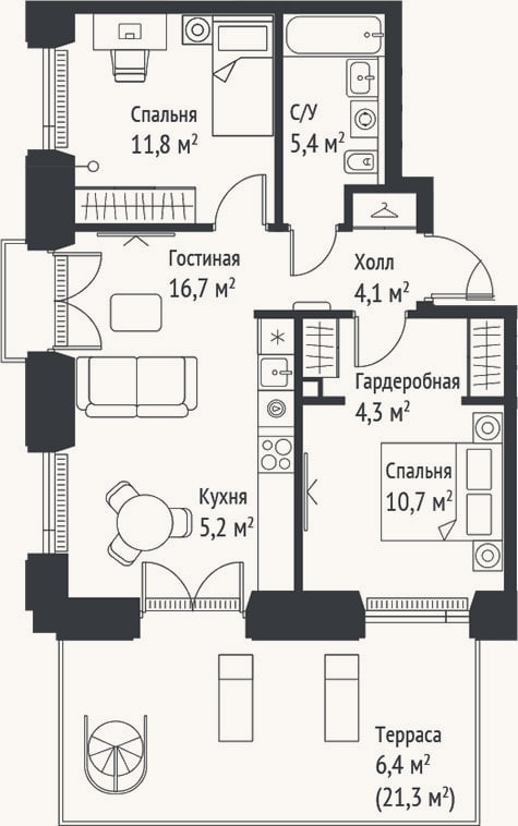 Планировка: 3-к, 58,2 м²