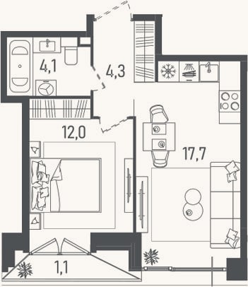Планировка: 2-к, 38,1 м²