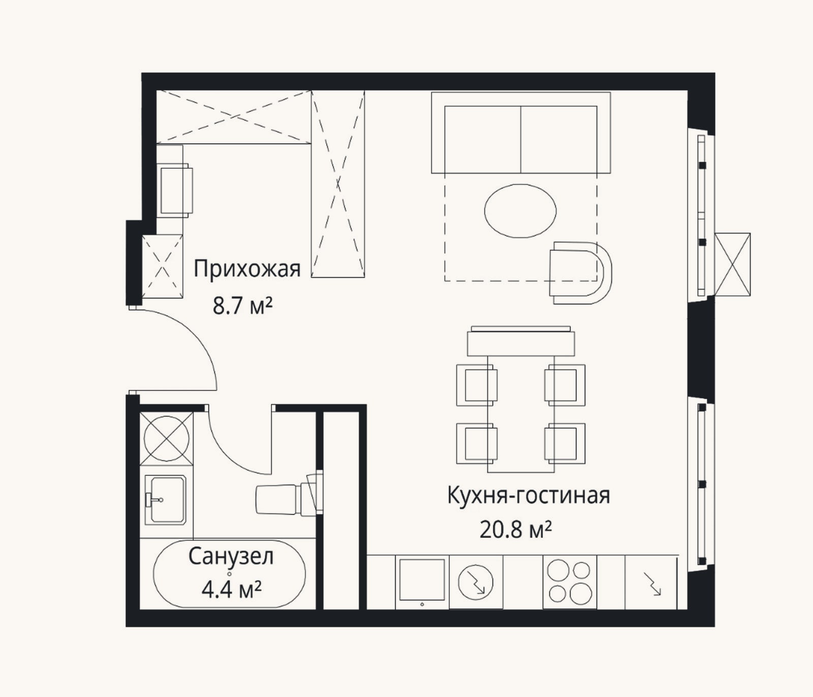 Планировка: Студия, 33,9 м²