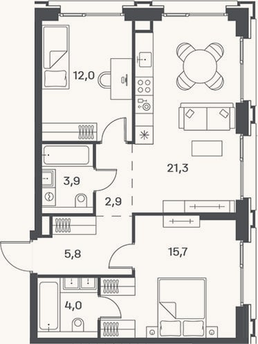 Планировка: 3-к, 65,6 м²