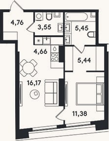 Планировка: 2-к, 51,4 м²