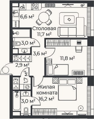 Планировка: 3-к, 60,4 м²