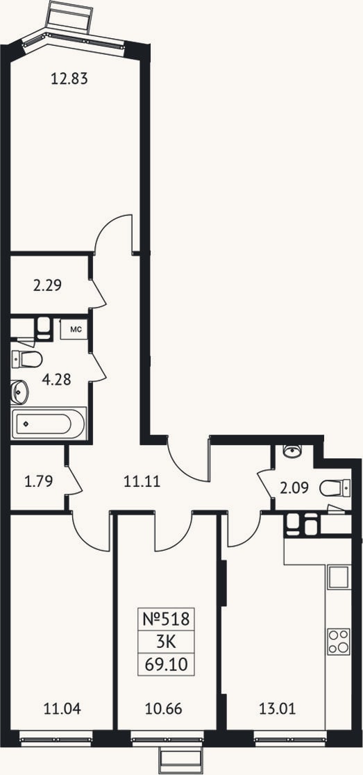 Планировка: 3-к, 69,1 м²