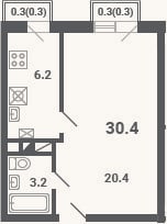 Планировка: 1-к, 29,8 м²