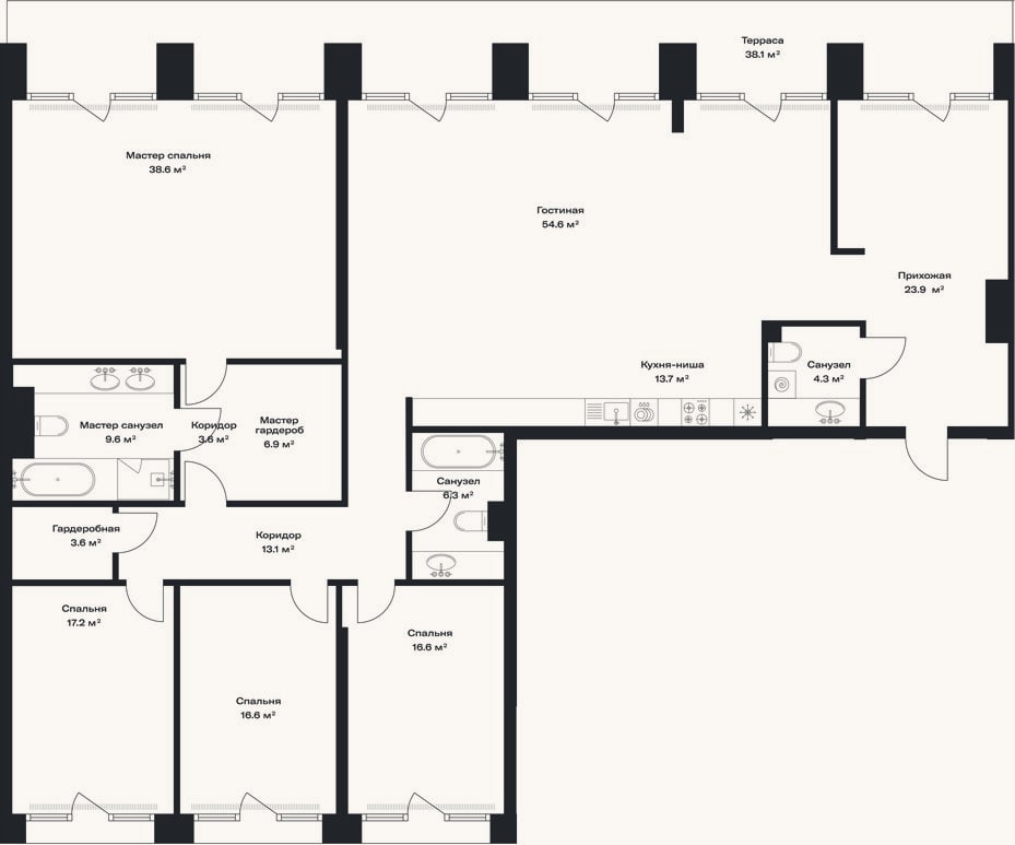 Планировка: 4+ к, 228,6 м²