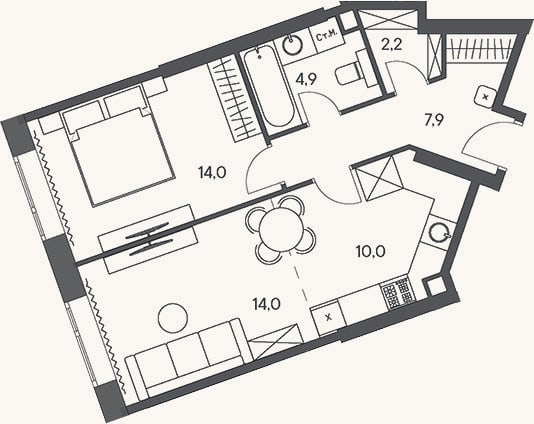 Планировка: 2-к, 53 м²