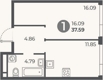 Планировка: 1-к, 37,6 м²