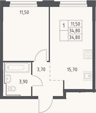 Планировка: 2-к, 34,8 м²