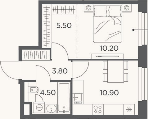 Планировка: 1-к, 34,9 м²