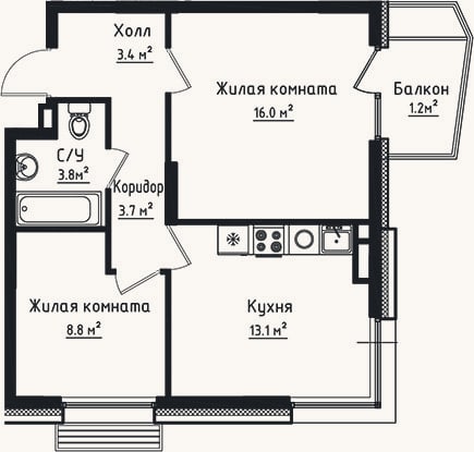 Планировка: 2-к, 48,8 м²