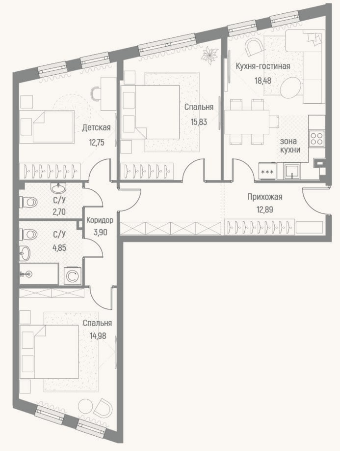 Планировка: 3-к, 86,5 м²