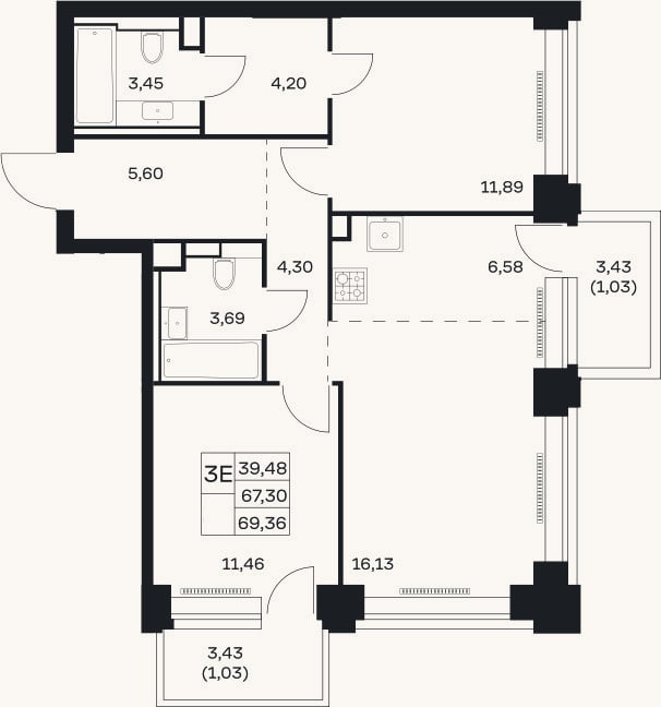 Планировка: 3-к, 67,3 м²