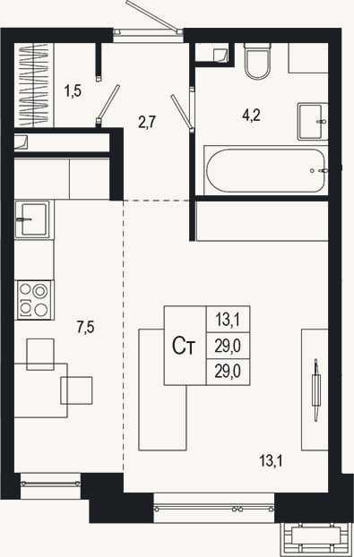 Планировка: Студия, 29 м²