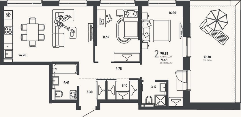 Планировка: 2-к, 71,6 м²