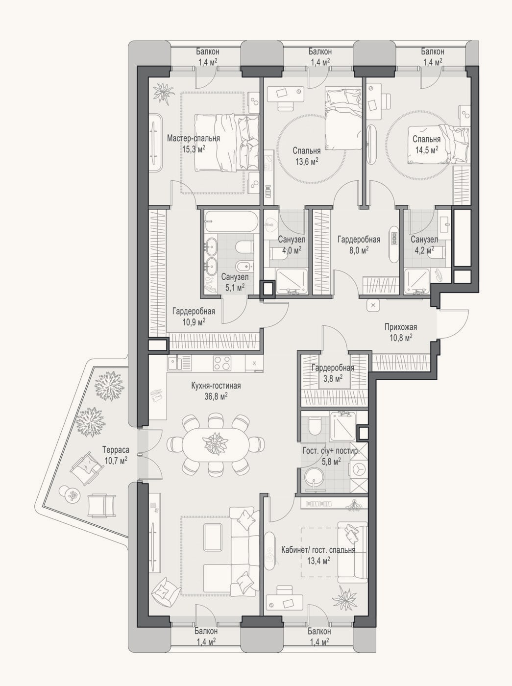 Планировка: 4+ к, 146,3 м²