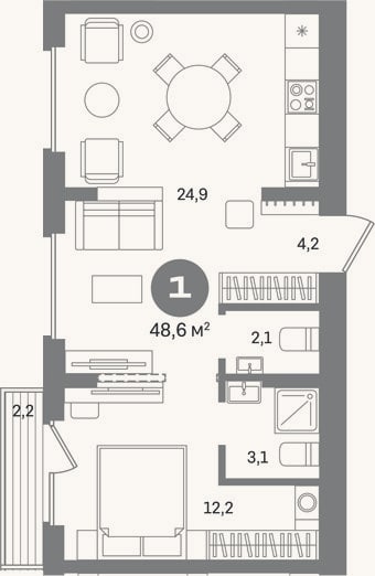 Планировка: 1-к, 46,4 м²