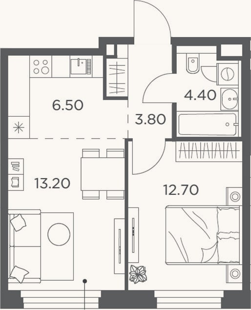 Планировка: 2-к, 40,6 м²