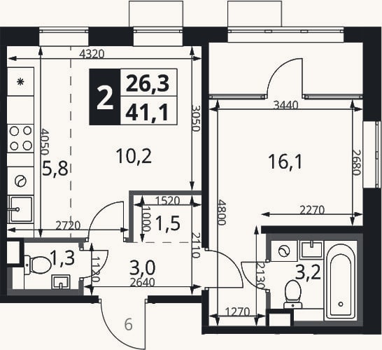 Планировка: 2-к, 41,1 м²