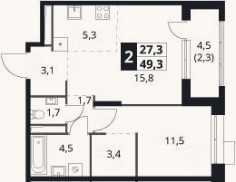 Планировка: 2-к, 47 м²
