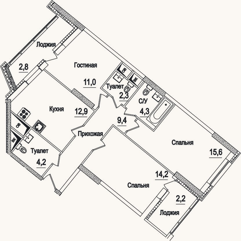Планировка: 3-к, 73,3 м²