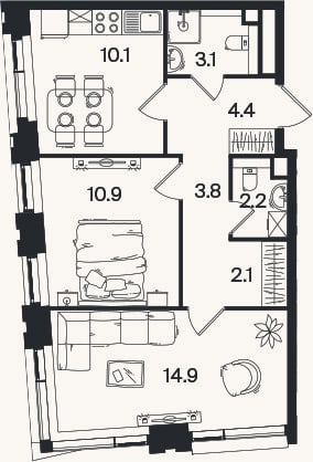 Планировка: 2-к, 51,5 м²
