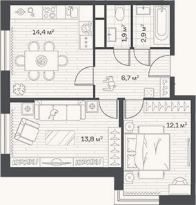 Планировка: 2-к, 51,8 м²