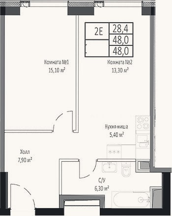 Планировка: 2-к, 48 м²