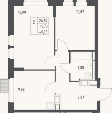 Планировка: 2-к, 49,8 м²