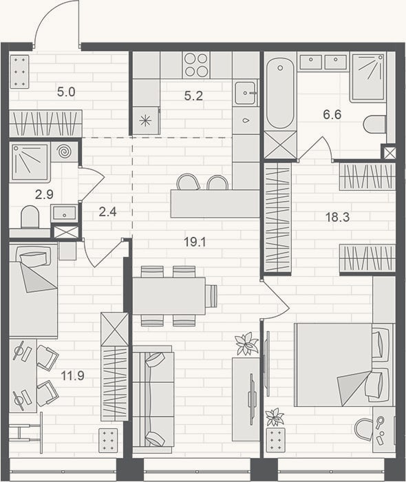 Планировка: 3-к, 71,4 м²