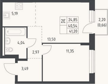 Планировка: 2-к, 40,5 м²